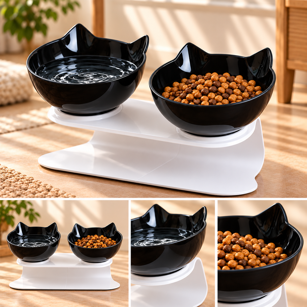 Raised Double Cat Bowl – Tilted Cat-Ear Feeding Bowls - TillyPaw