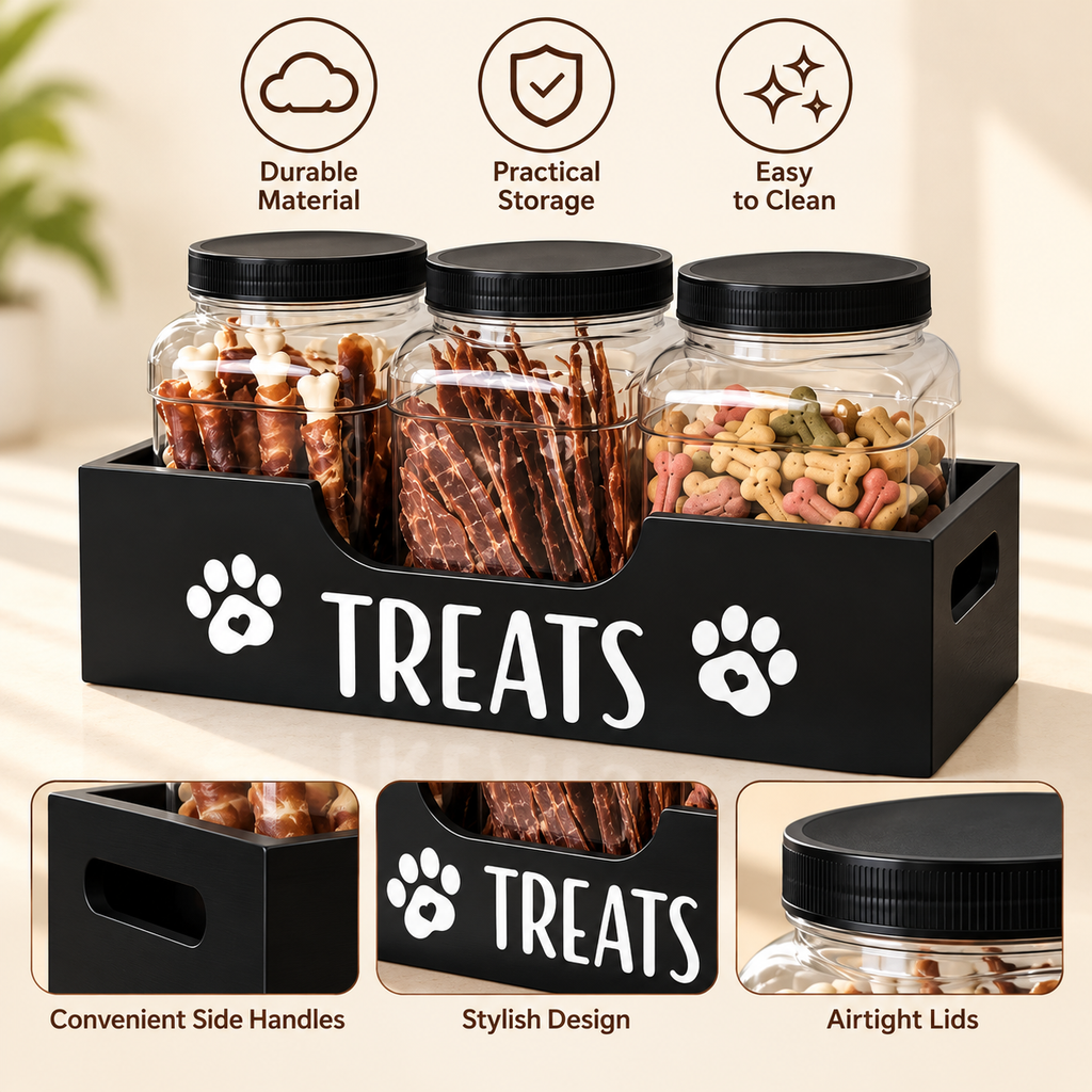 Wooden Pet Treat Storage – 5-in-1 Set with 3 Jars - TillyPaw