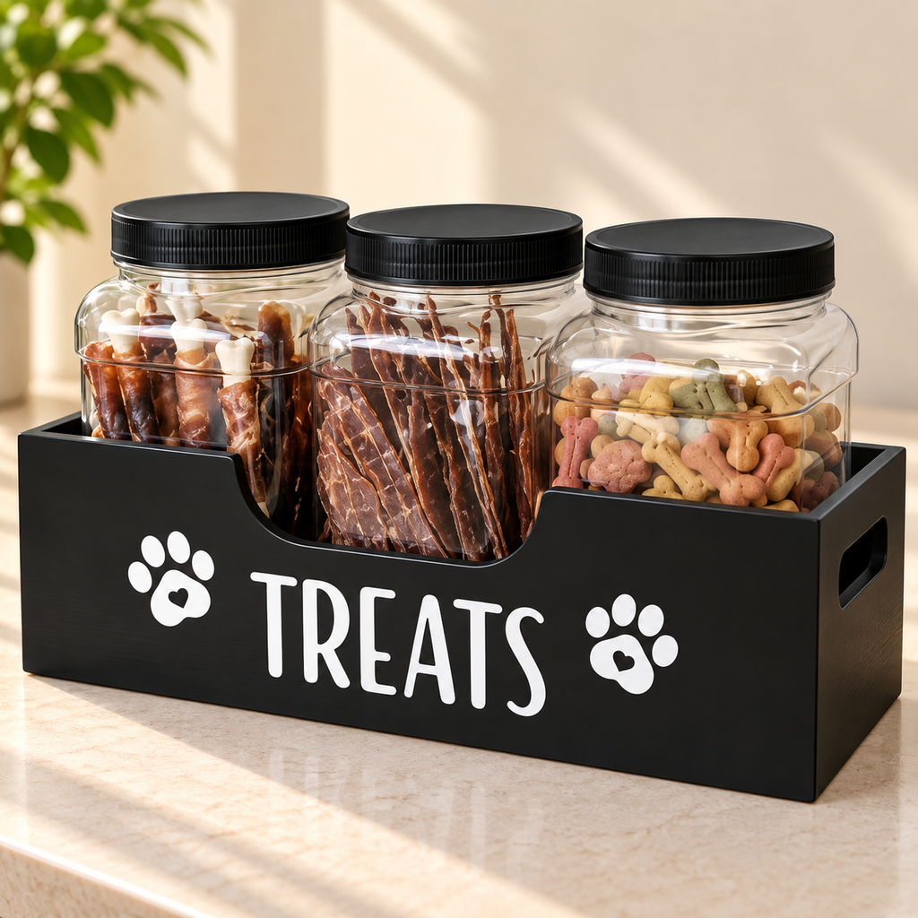Wooden Pet Treat Storage – 5-in-1 Set with 3 Jars - TillyPaw