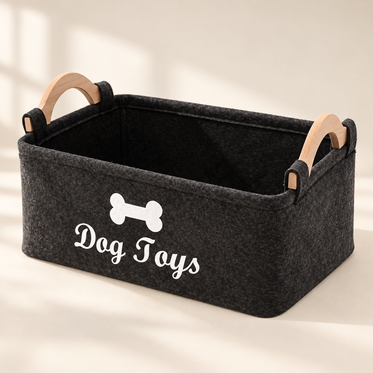 Felt Dog Toy Storage Basket – Wooden Handles, Bone Print - TillyPaw