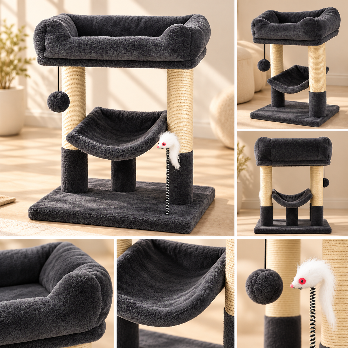 Grey Cat Tree 50cm – Sisal Posts, Plush Bed & Hammock - TillyPaw