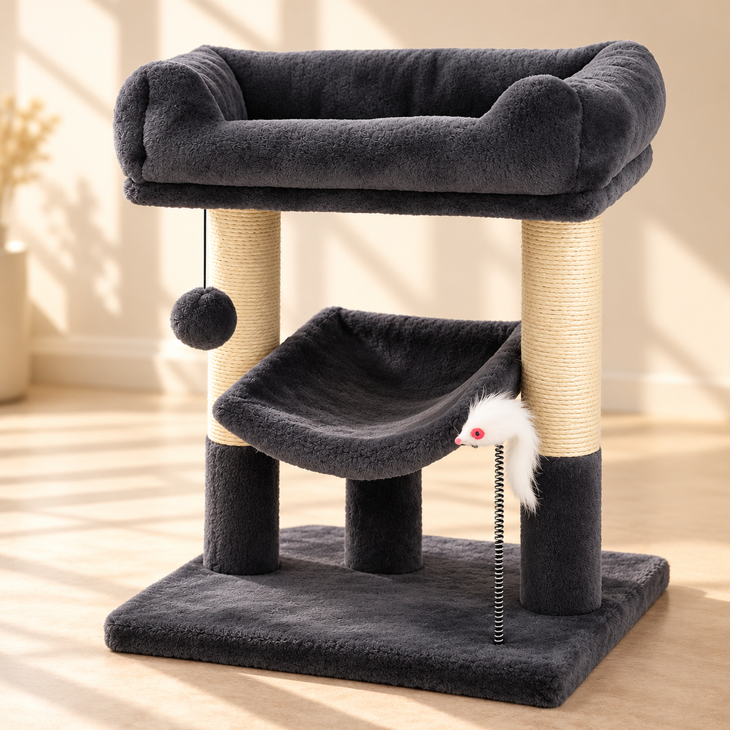 Grey Cat Tree 50cm – Sisal Posts, Plush Bed & Hammock - TillyPaw