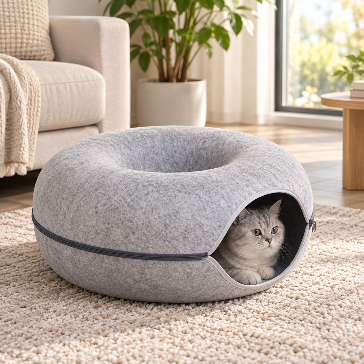 Felt Donut Cat Bed – 2-in-1 Zip-Apart Tunnel Bed - TillyPaw