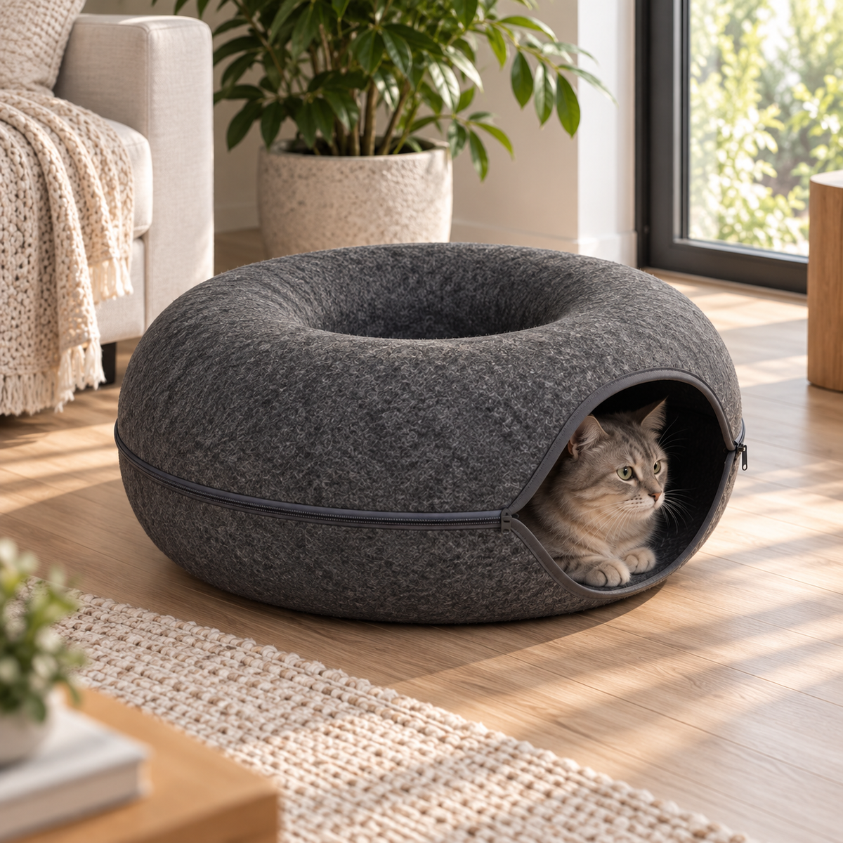 Felt Donut Cat Bed – 2-in-1 Zip-Apart Tunnel Bed - TillyPaw