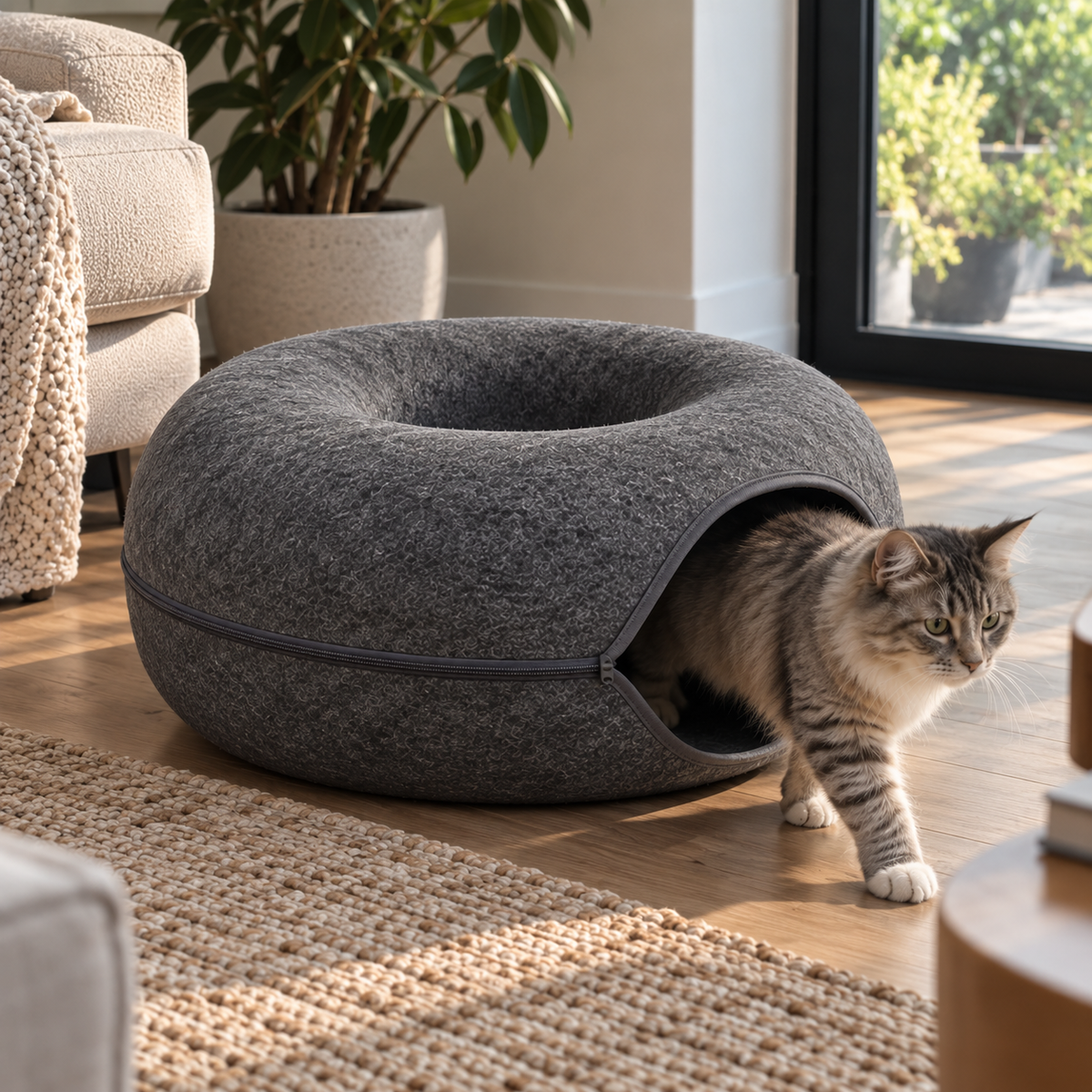 Felt Donut Cat Bed – 2-in-1 Zip-Apart Tunnel Bed - TillyPaw