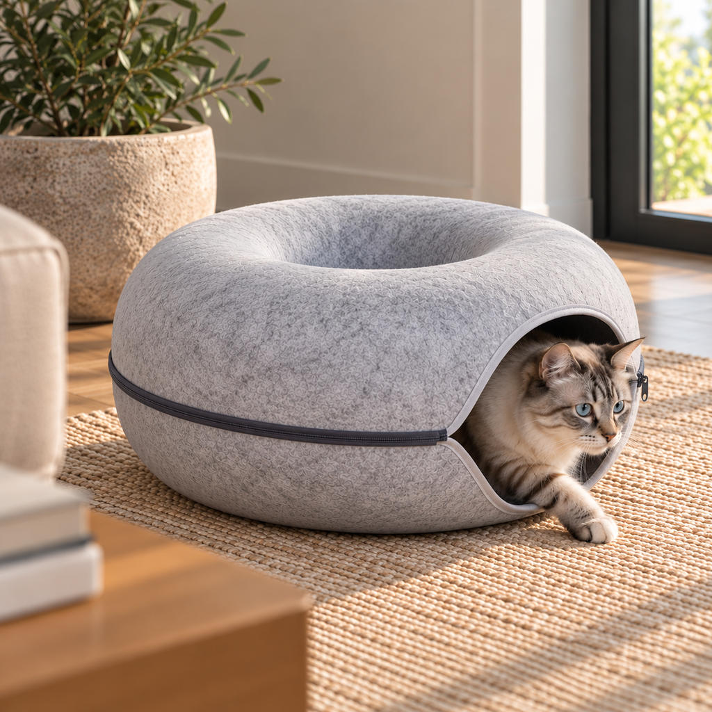 Felt Donut Cat Bed – 2-in-1 Zip-Apart Tunnel Bed - TillyPaw