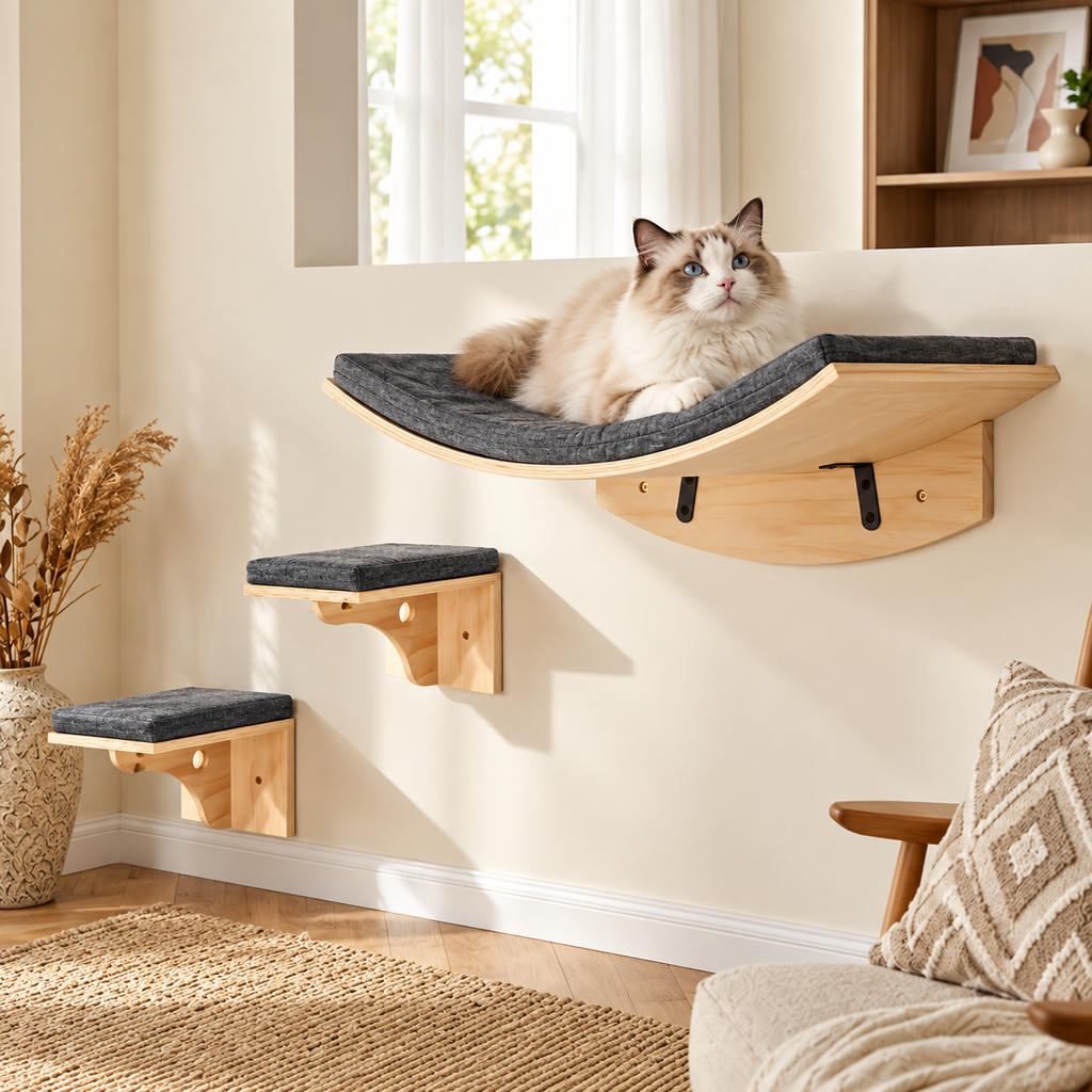 Wall-Mounted Cat Shelves & Steps – 3-Piece Wooden Set - TillyPaw