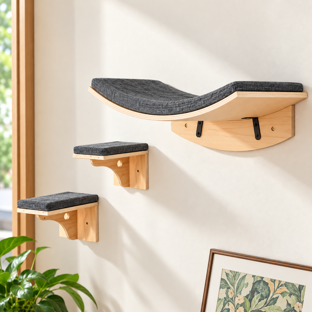 Wall-Mounted Cat Shelves & Steps – 3-Piece Wooden Set - TillyPaw