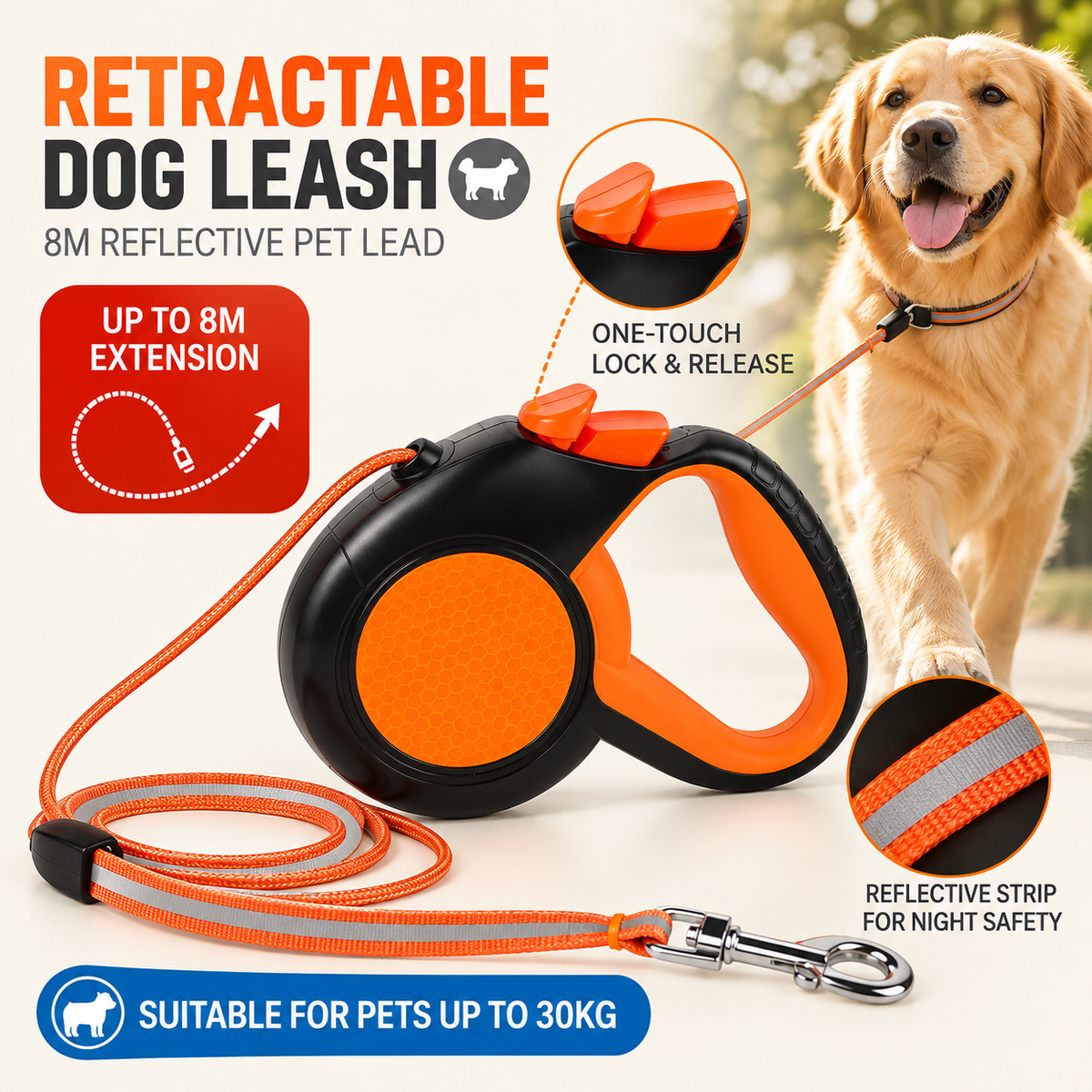 8m Retractable Dog Lead – Reflective Tape, Non-Slip Handle - TillyPaw