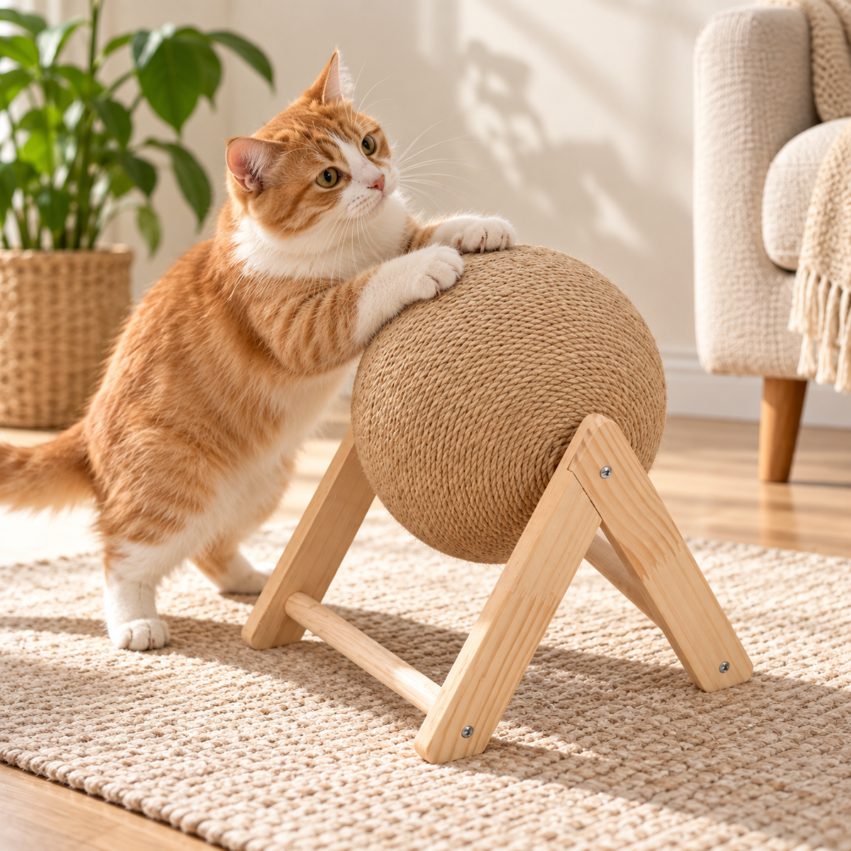 Sisal Ball Cat Scratcher – Wooden Triangle Frame - TillyPaw