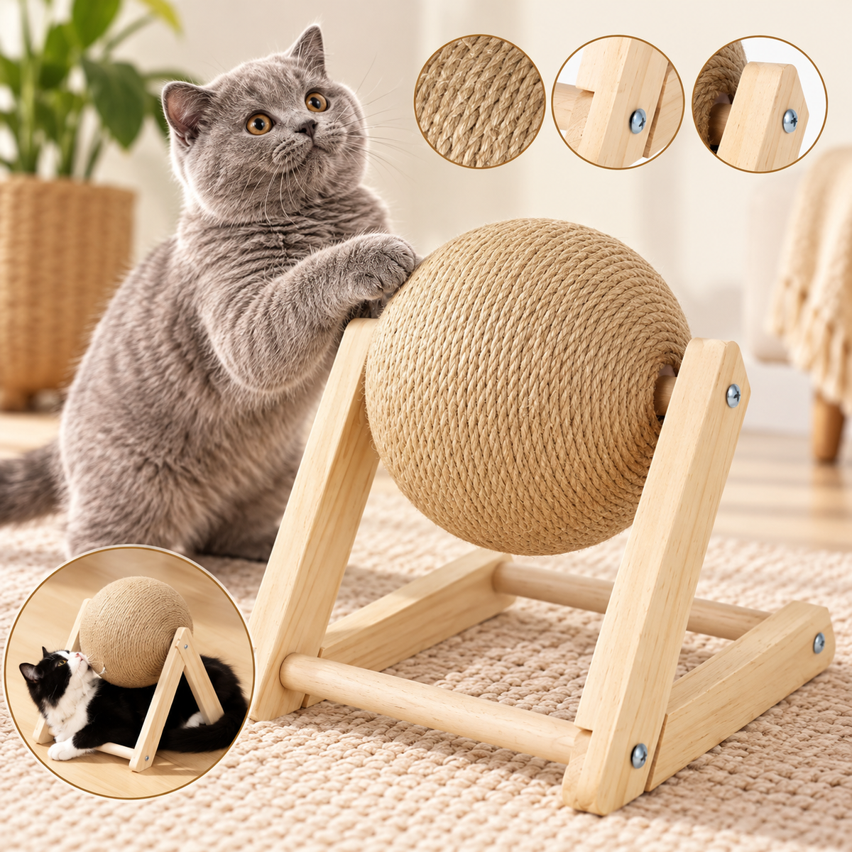Sisal Ball Cat Scratcher – Wooden Triangle Frame - TillyPaw