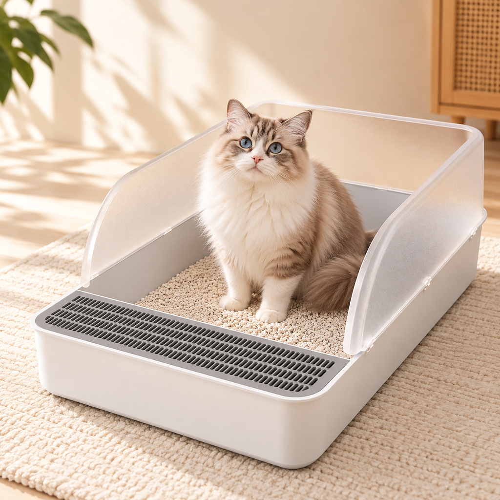 Large Open Cat Litter Tray – High Splash Shield & Scoop - TillyPaw