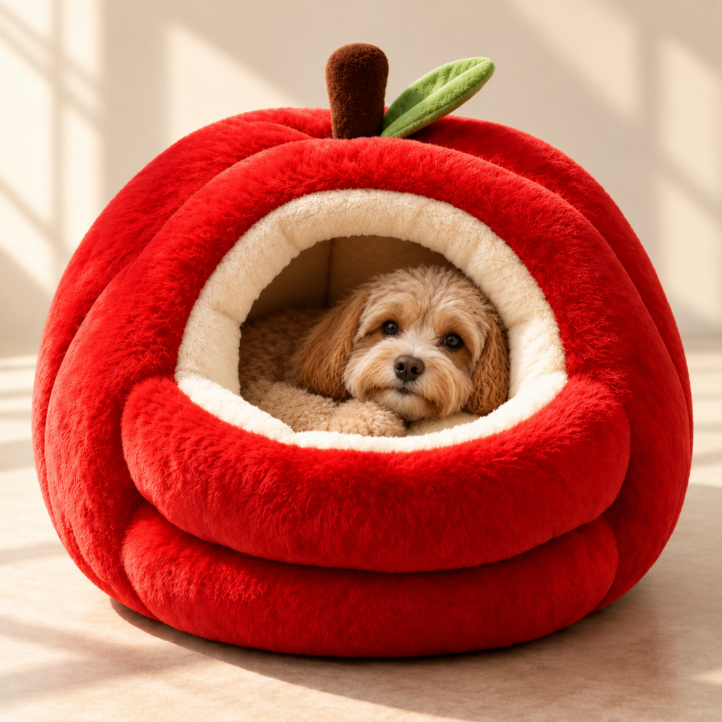 Apple Cat Bed – Plush Red Cave Bed for Cats & Small Dogs - TillyPaw