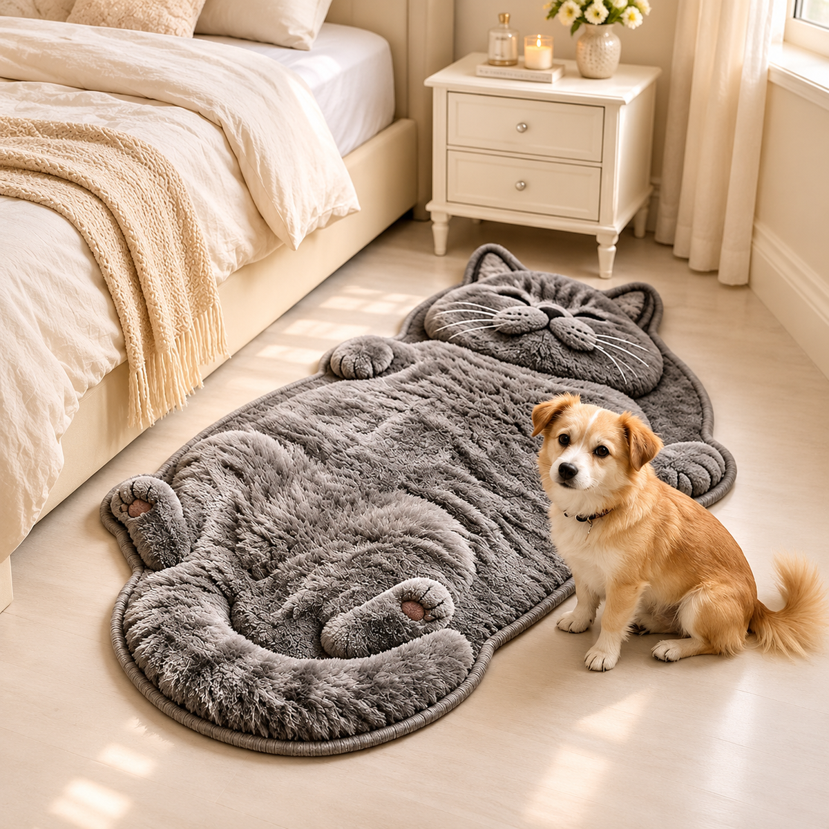 Cat Rug – Plush Cat-Shaped Floor Rug in Soft Grey - TillyPaw