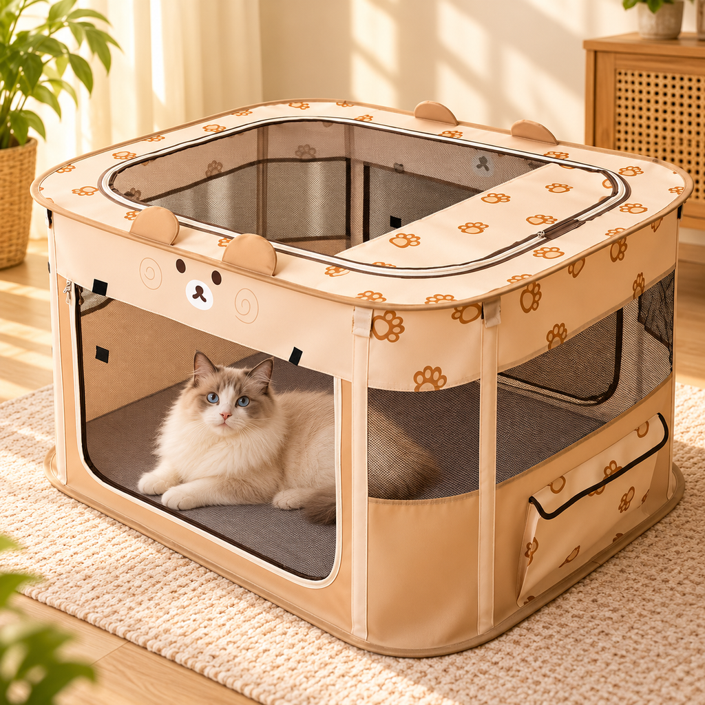 Pop-Up Pet Playpen with Zip Top – Foldable Cat Tent - TillyPaw