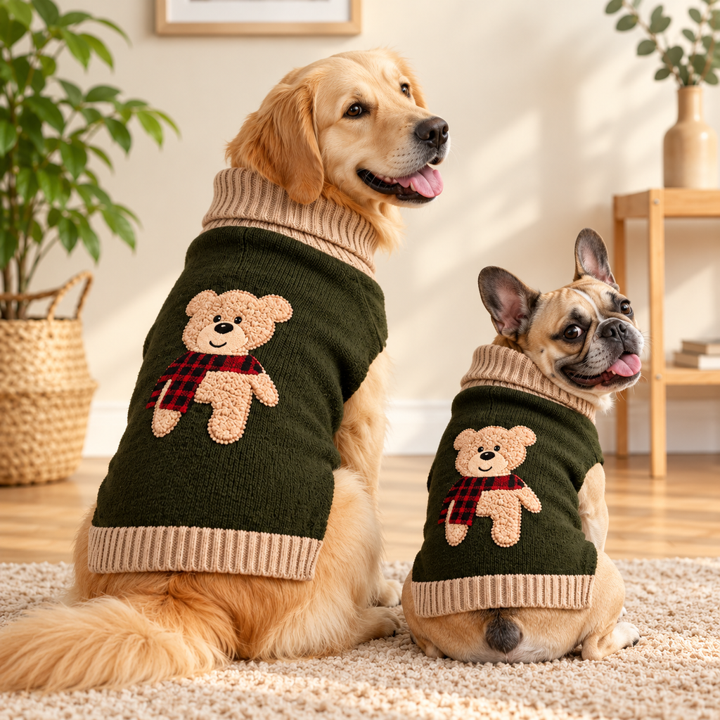 Bear Knit Dog Jumper – Olive Turtleneck Sweater for Dogs - TillyPaw