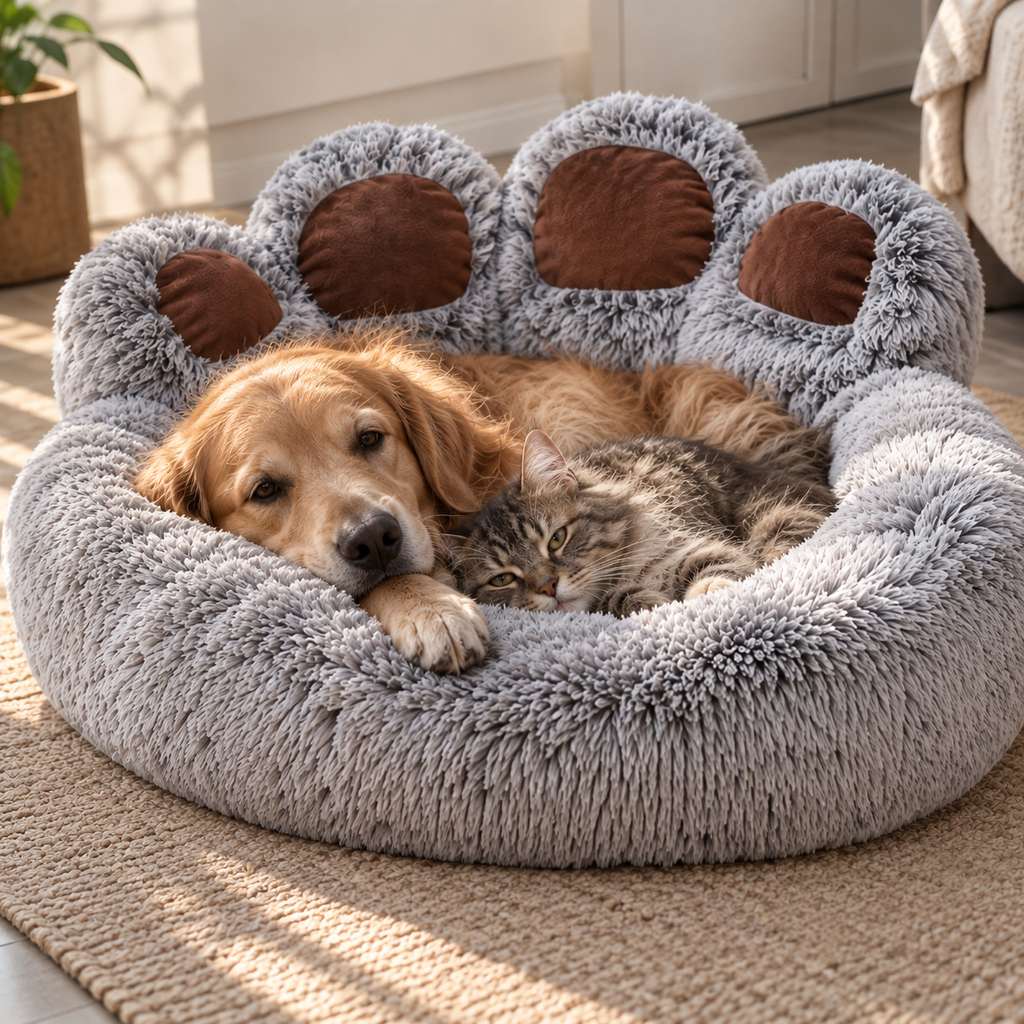 Paw Print Pet Bed – Long-Haired Round Nest for Dogs & Cats - TillyPaw