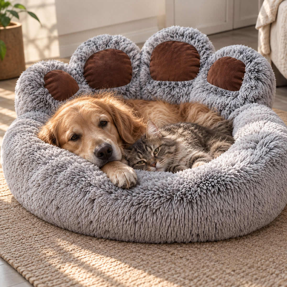 Paw Print Pet Bed – Long-Haired Round Nest for Dogs & Cats - TillyPaw