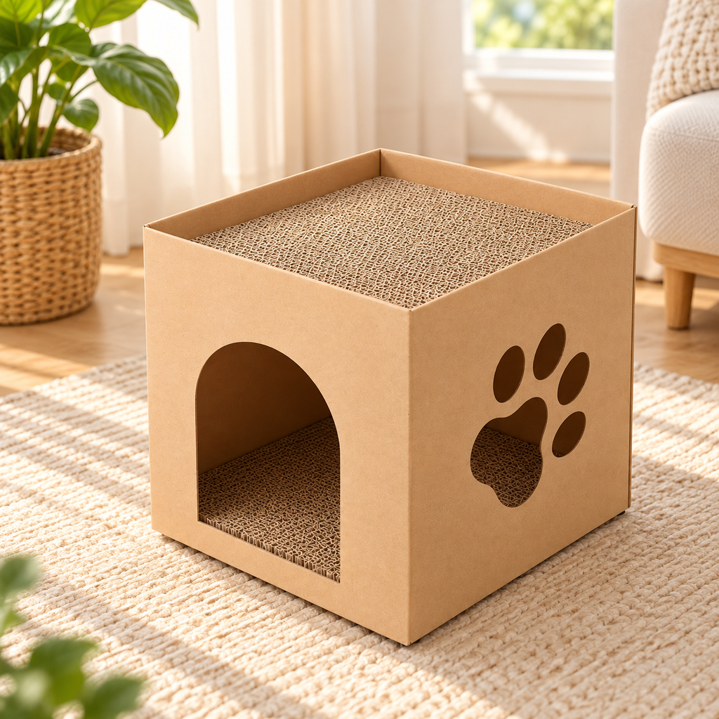 Cardboard Cat House – Scratcher Box with Paw Cut-Outs 30cm - TillyPaw