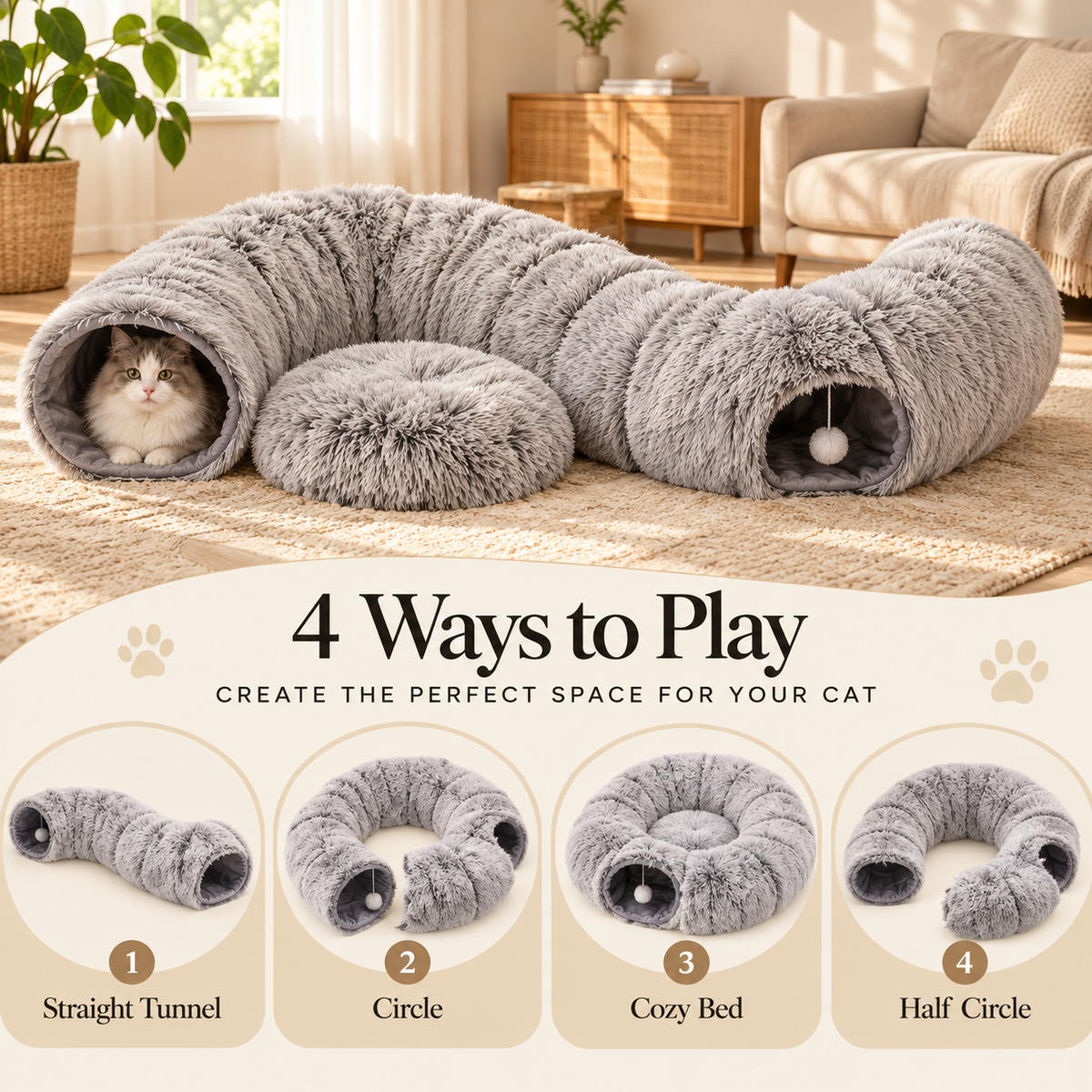 Cat Tunnel Bed – Plush Mat & Washable Bedding - TillyPaw