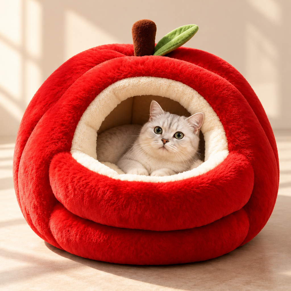 Apple Cat Bed – Plush Red Cave Bed for Cats & Small Dogs - TillyPaw