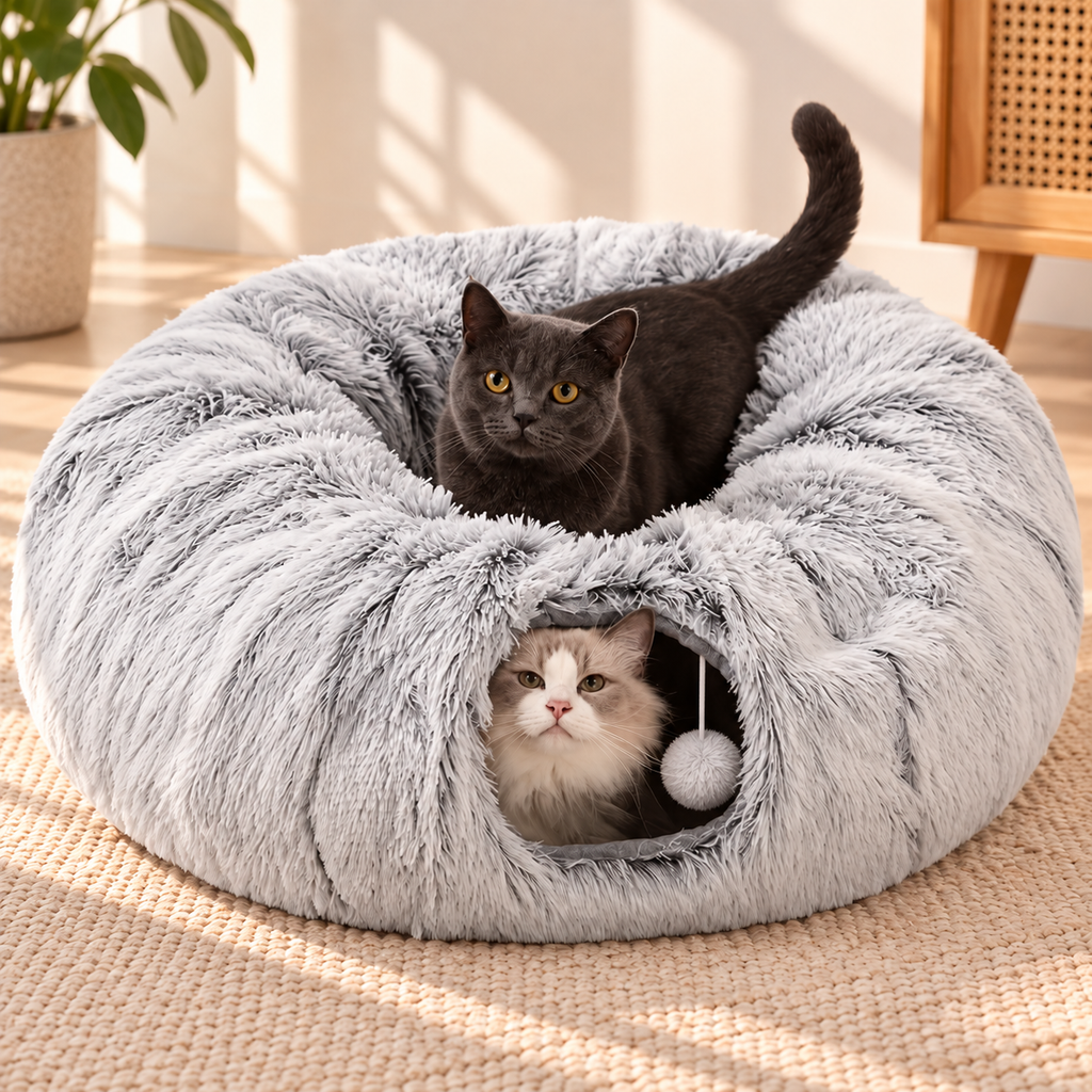 Cat Tunnel Bed – Plush Mat & Washable Bedding - TillyPaw