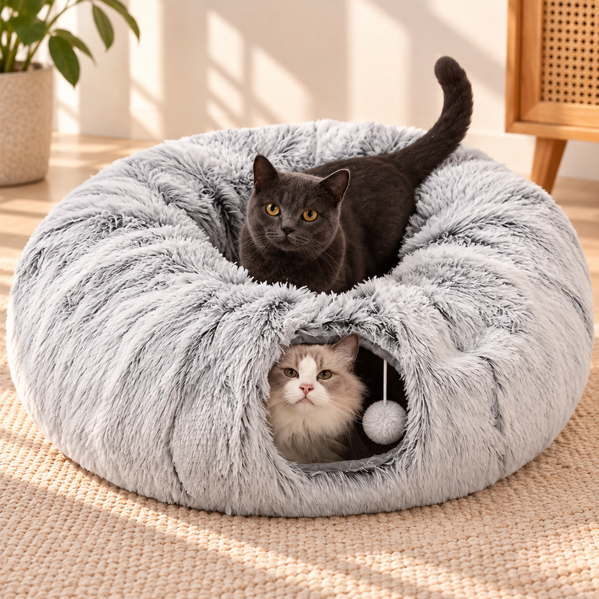 Cat Tunnel Bed – Plush Mat & Washable Bedding - TillyPaw