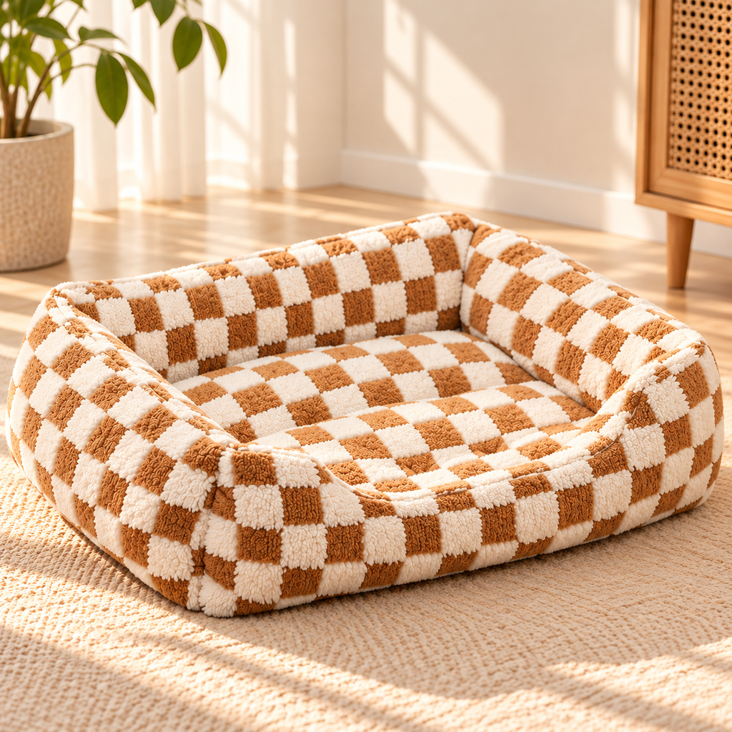 Check Pattern Dog & Cat Bed – Plush Cushioned Interior - TillyPaw
