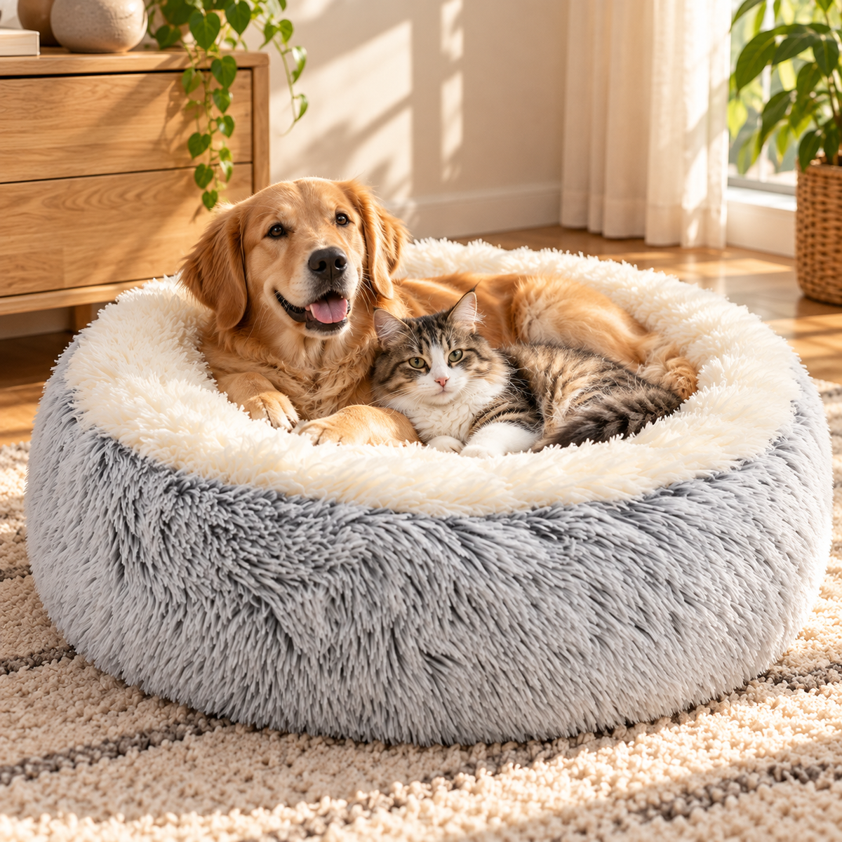 Fluffy Donut Pet Bed – Faux Fur Round Cuddler - TillyPaw