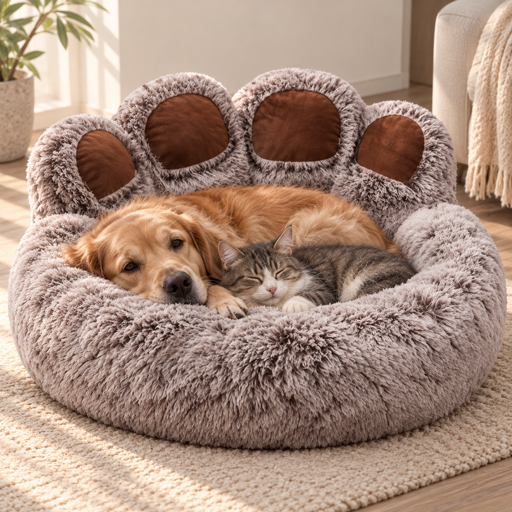 Paw Print Pet Bed – Long-Haired Round Nest for Dogs & Cats - TillyPaw