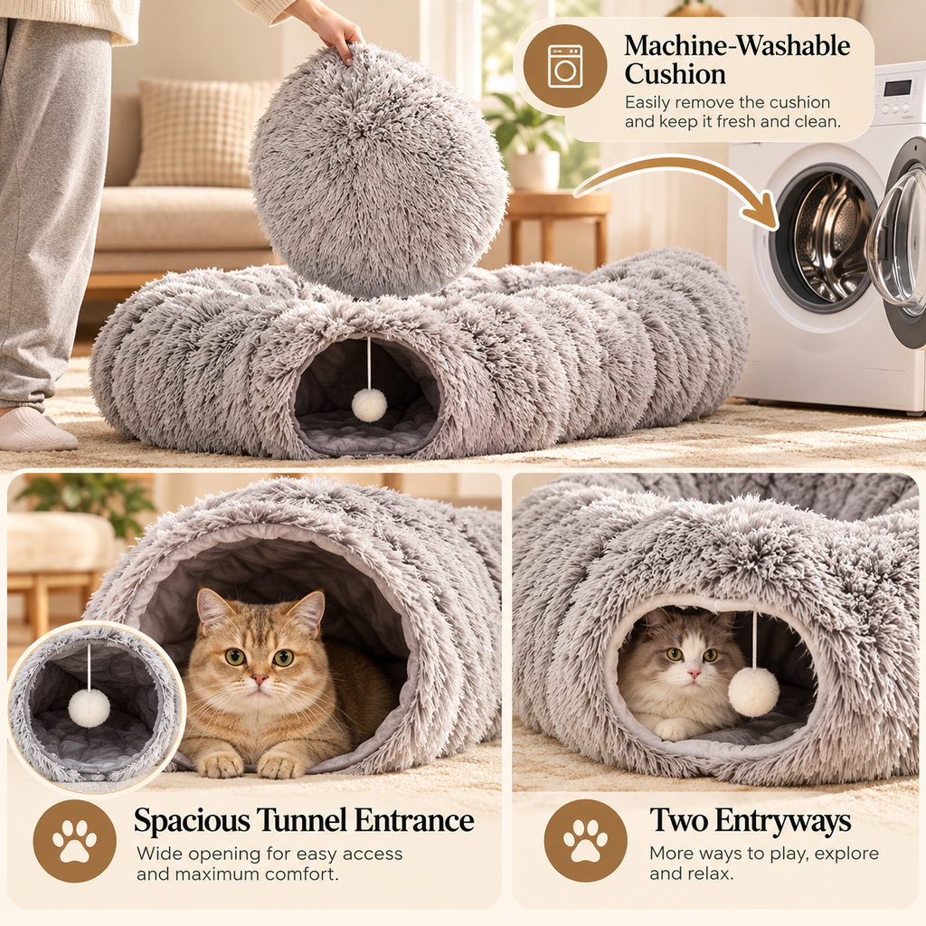 Cat Tunnel Bed – Plush Mat & Washable Bedding - TillyPaw