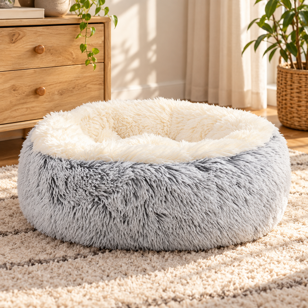 Fluffy Donut Pet Bed – Faux Fur Round Cuddler - TillyPaw