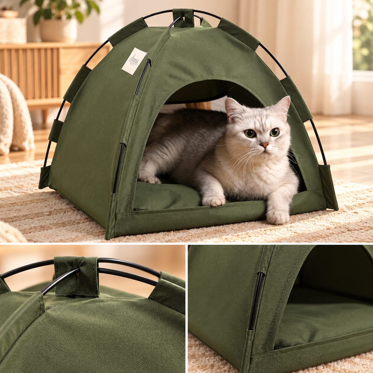 Cosy Pet Tent – Army Green Cat & Small Dog Tent Bed - TillyPaw