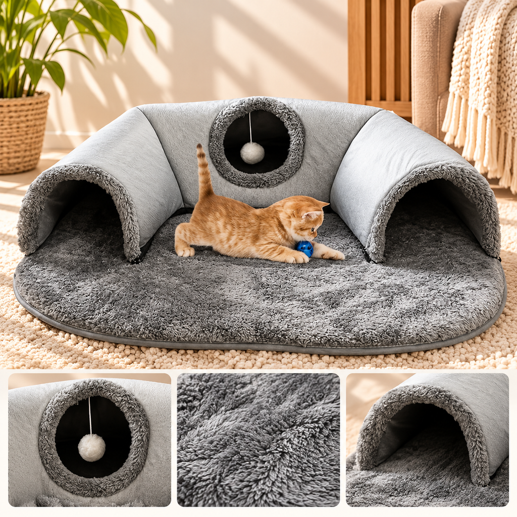 3-in-1 Cat Tunnel Bed – Play Mat & Cosy Nest - TillyPaw
