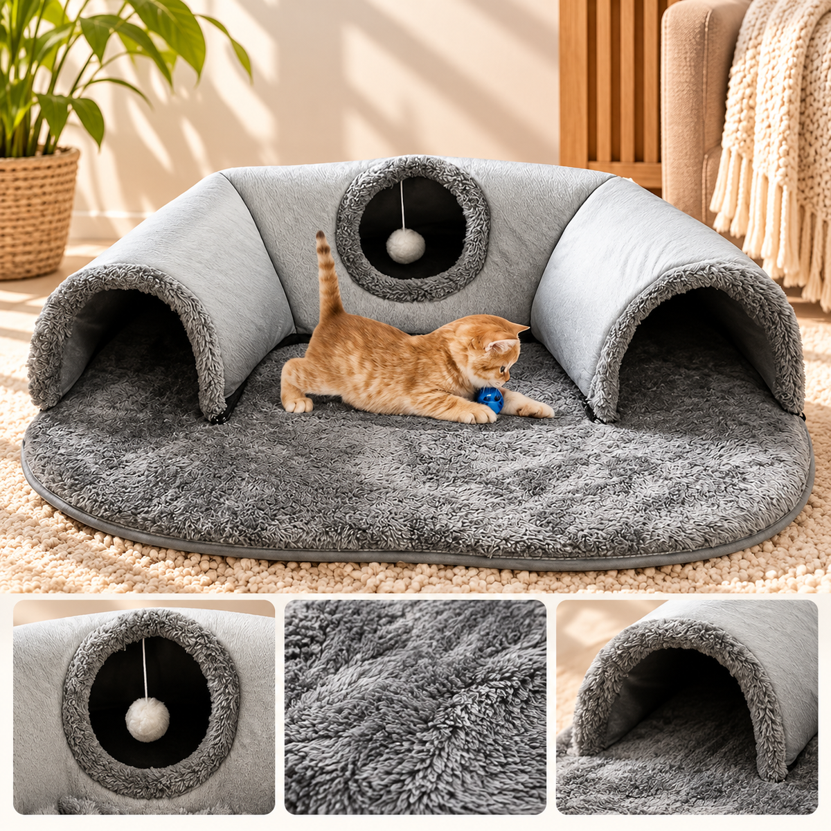 3-in-1 Cat Tunnel Bed – Play Mat & Cosy Nest - TillyPaw