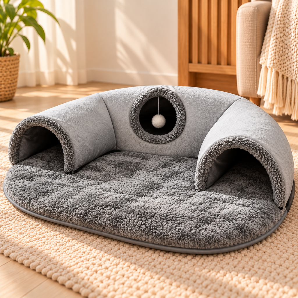 3-in-1 Cat Tunnel Bed – Play Mat & Cosy Nest - TillyPaw