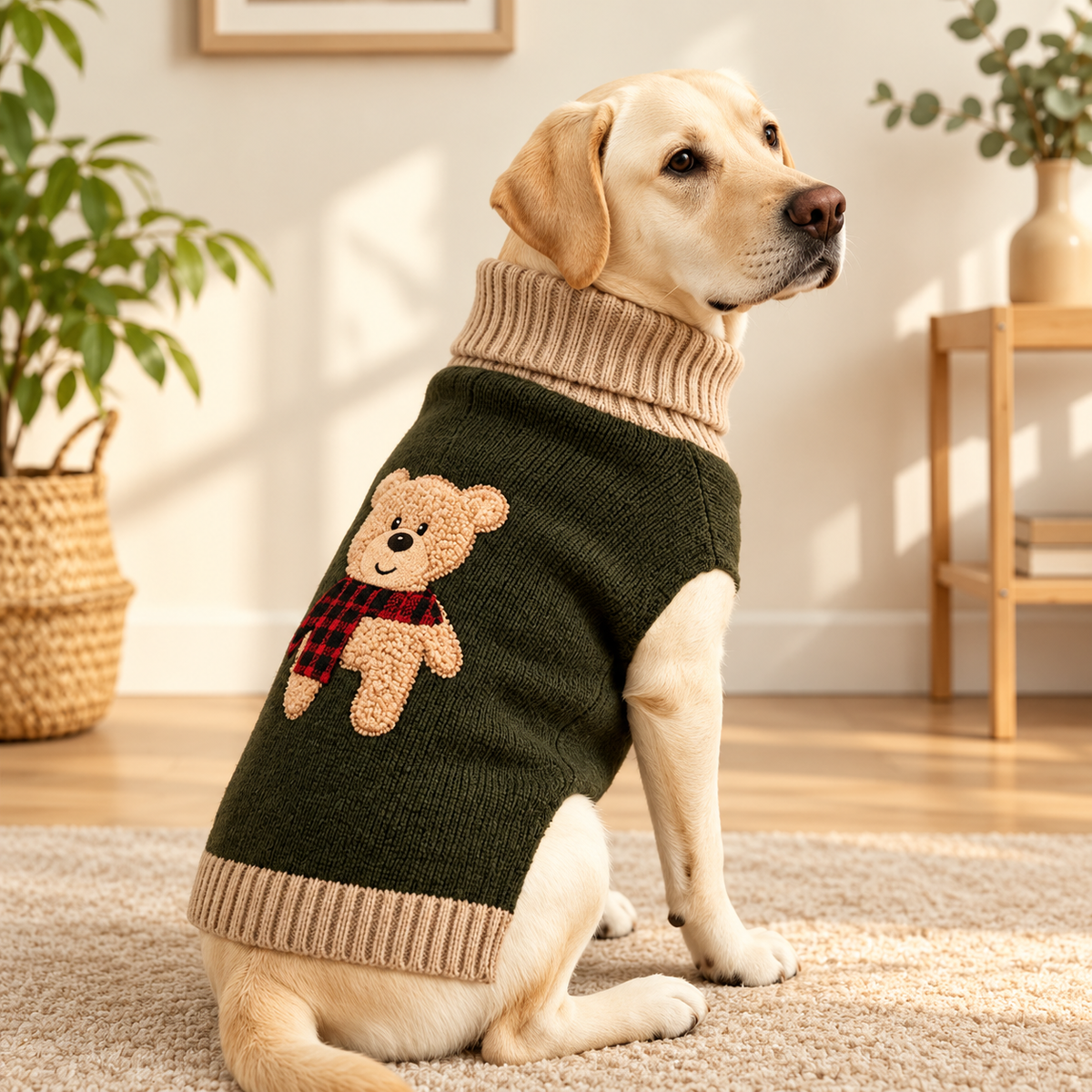Bear Knit Dog Jumper – Olive Turtleneck Sweater for Dogs - TillyPaw