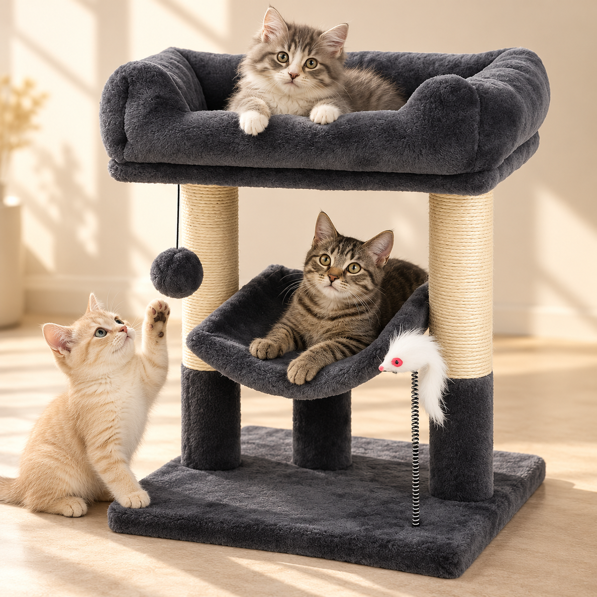 Grey Cat Tree 50cm – Sisal Posts, Plush Bed & Hammock - TillyPaw