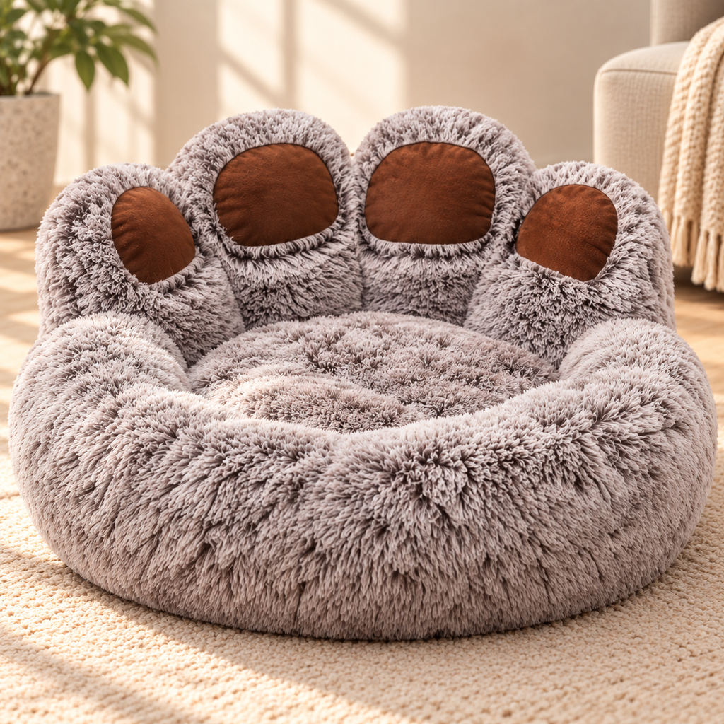 Paw Print Pet Bed – Long-Haired Round Nest for Dogs & Cats - TillyPaw