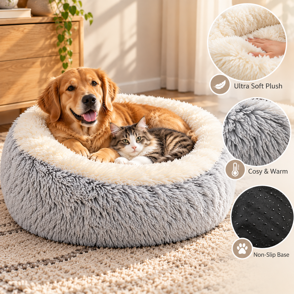 Fluffy Donut Pet Bed – Faux Fur Round Cuddler - TillyPaw