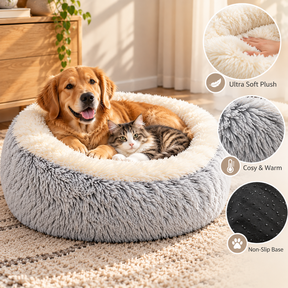 Fluffy Donut Pet Bed – Faux Fur Round Cuddler - TillyPaw