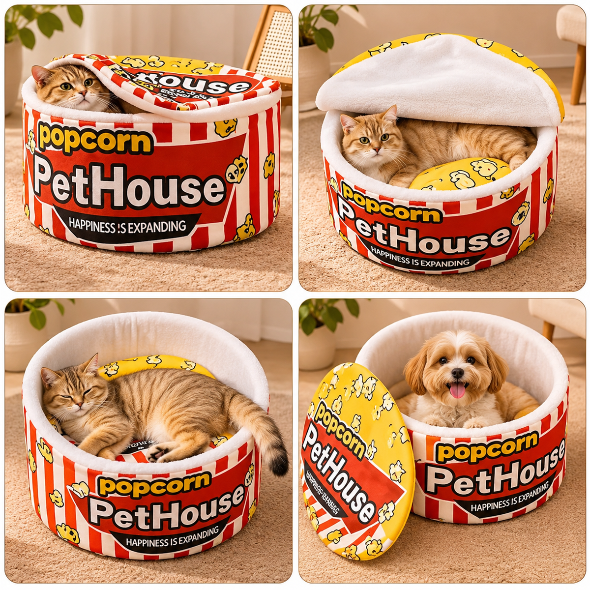 Red & White Snack Cup Pet Bed – Cosy Cat & Small Dog Nest with Lid Flap - TillyPaw