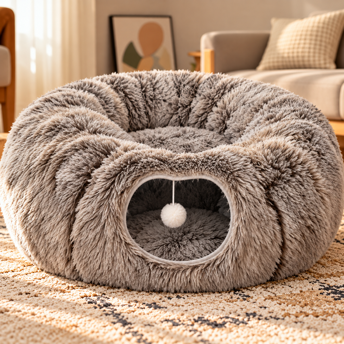 Cat Tunnel Bed – Plush Mat & Washable Bedding - TillyPaw