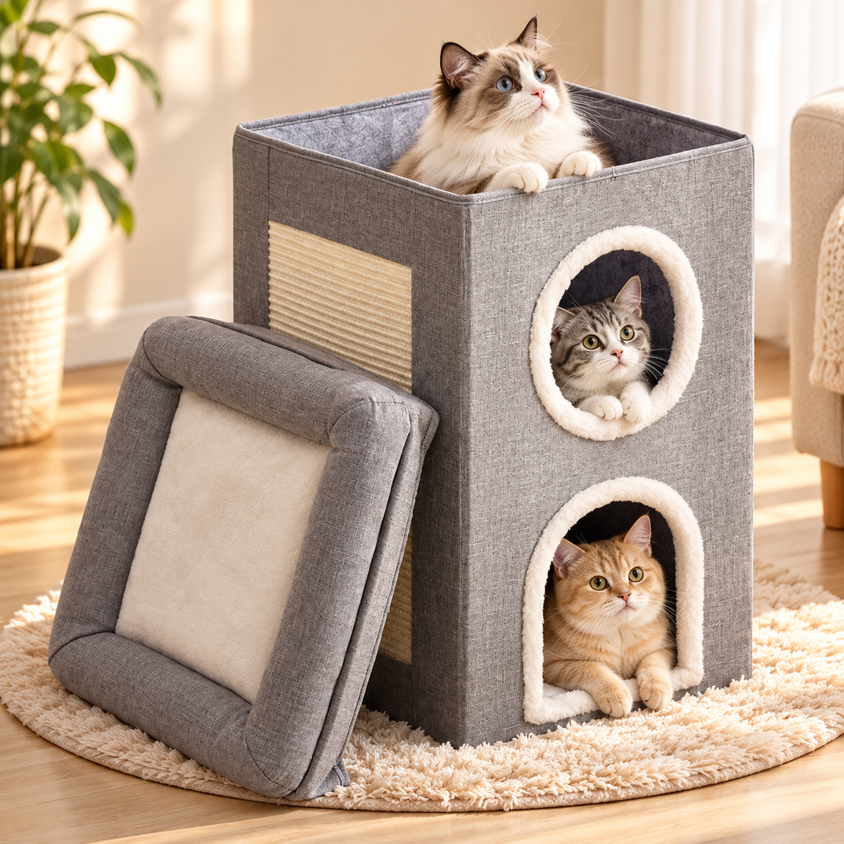 3-Tier Cat House – Cat Condo with Sisal Scratching Board - TillyPaw