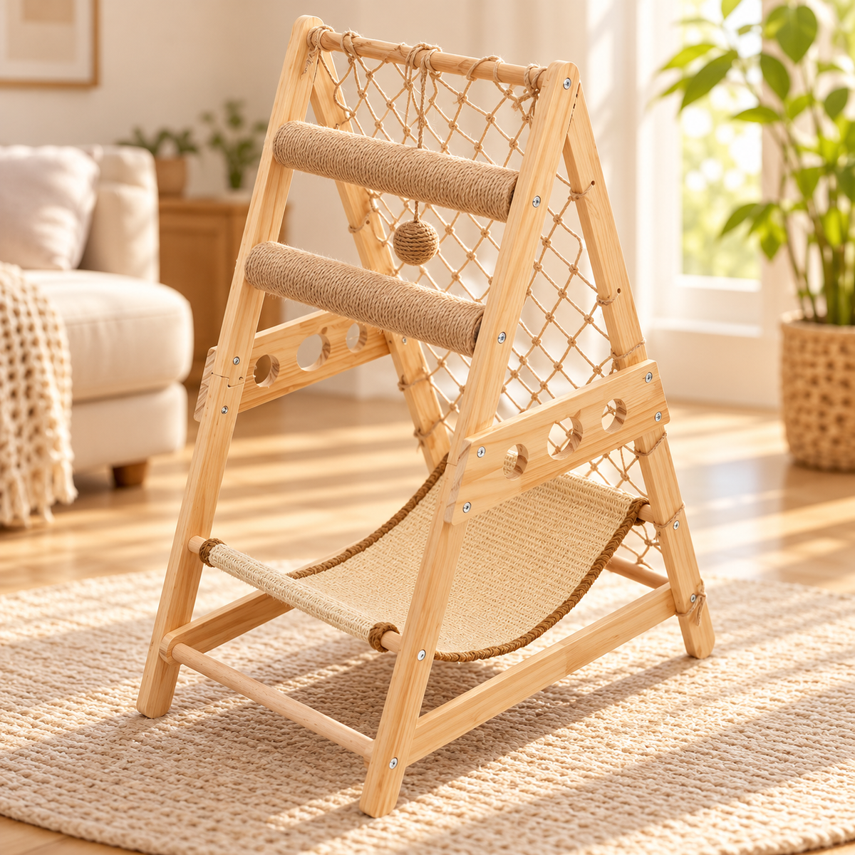 Wooden Triangle Cat Tower 85cm – Sisal Hammock & Rope Net - TillyPaw