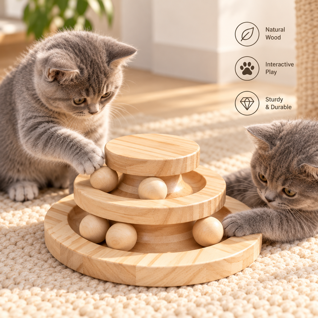 Wooden Cat Ball Track – Three-Layer Pine Turntable Cat Toy - TillyPaw