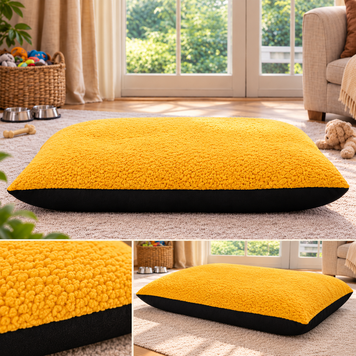 Dog Bed Cushion with Zip Cover – Mustard Fleece - TillyPaw