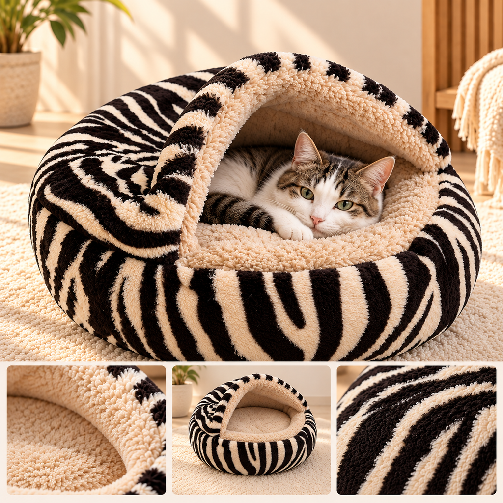 Shell Cat Nest – Enclosed Plush Cat Bed, 40cm - TillyPaw