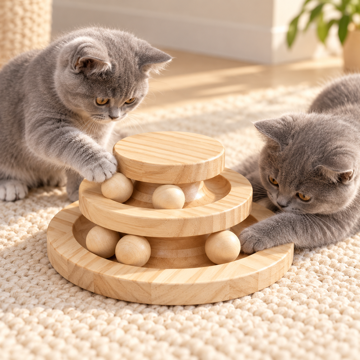 Wooden Cat Ball Track – Three-Layer Pine Turntable Cat Toy - TillyPaw