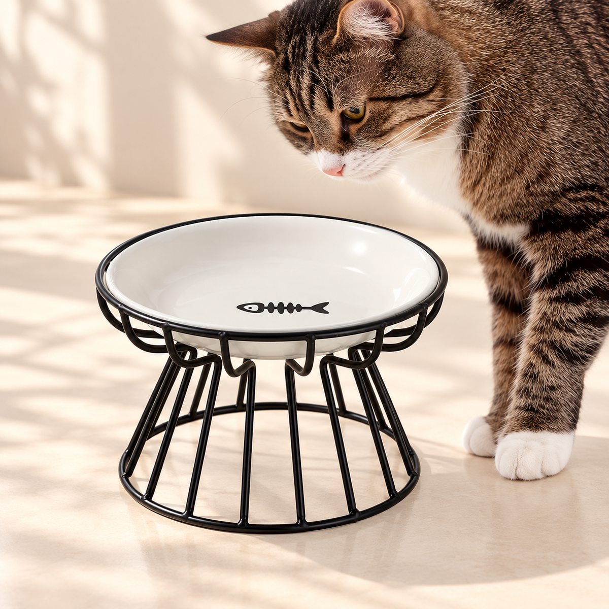 Raised Ceramic Cat Bowls – Fishbone Plates, Set of 2 - TillyPaw